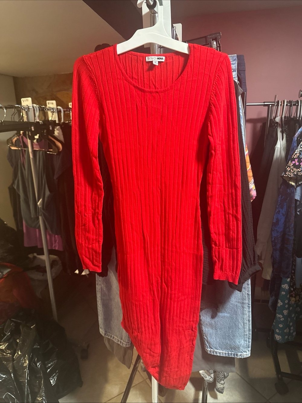 Fashion Nova Red Ribbed Long-Sleeve Knit Dress